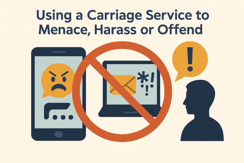 Illustration of a person using a phone and laptop representing use of carriage service to menace, harass or offend